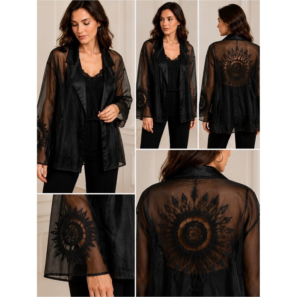 Gianfranco Ferre Sheer Blazer Women 10 Black Excellent Sunburst Embroidery Mesh - Picture 1 of 4
